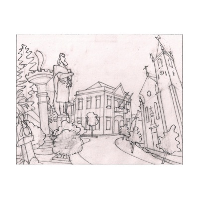 Desenho a lápis de praça com estátua, árvores e edifícios históricos