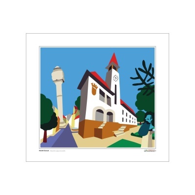 Ilustração digital de edifício branco com torre e relógio junto a árvores e estátua azul