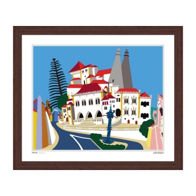Quadro ilustrado com paisagem urbana colorida em moldura de madeira escura
