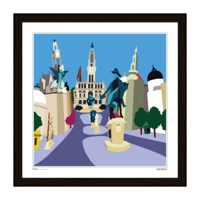 Ilustração digital colorida de paisagem urbana com estátuas e edifícios