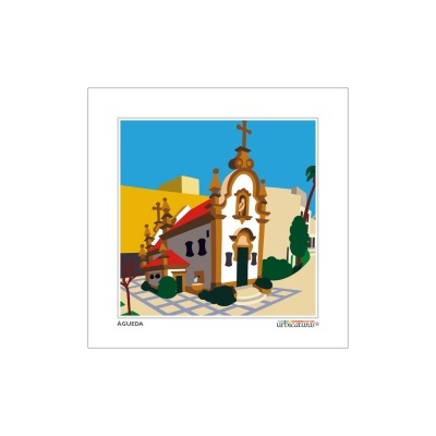 Ilustração colorida de igreja com cruzes e praça em Águeda