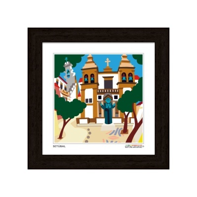 Desenho colorido de edifício religioso com duas torres e árvores em quadro