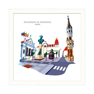 Ilustração colorida de edifícios e estátuas, texto 'REGUENGOS DE MONSARAZ'