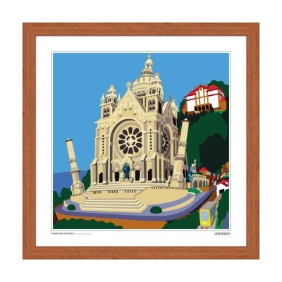 Ilustração colorida do Santuário de Santa Luzia em Viana do Castelo com moldura de madeira
