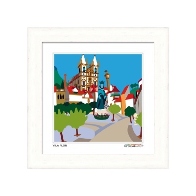 Quadro decorativo com imagem estilizada de Vila Flor com igreja e estátua, moldura branca.