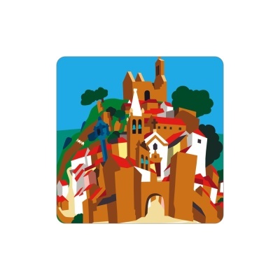 Ilustração de castelo medieval com casas brancas e telhados vermelhos