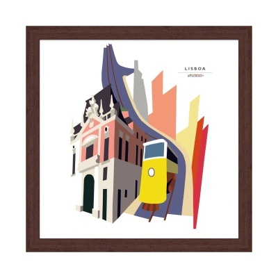 Ilustração de edifício e elétrico em moldura castanha com texto LISBOA