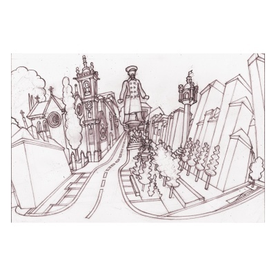 Desenho a lápis de uma rua urbana com estátuas humanas grandes e árvores