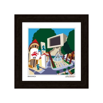 Ilustração colorida da cidade de Bragança em quadro com moldura castanha escura