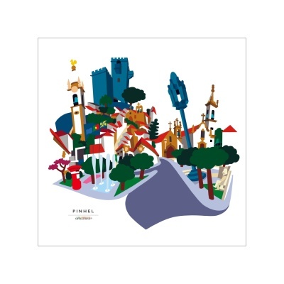 Ilustração colorida da cidade de Pinhel com torres e casas