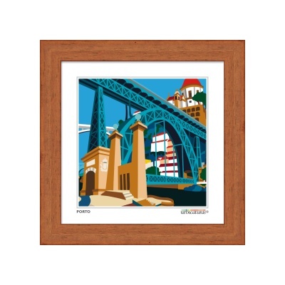 Quadro decorativo com ilustração do Porto e ponte azul, moldura castanha