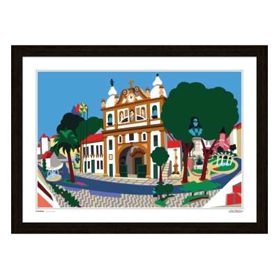 Ilustração colorida de edifício histórico e jardim em quadro emoldurado