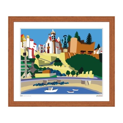 Quadro ilustrativo de vila com castelo, monumento, barcos e céu azul
