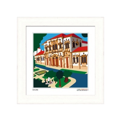 Quadro decorativo com arte digital de edifício clássico e paisagem com árvores
