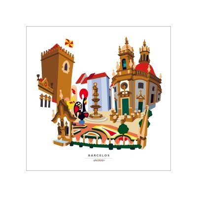 Ilustração colorida dos pontos turísticos de Barcelos com texto 'BARCELOS'