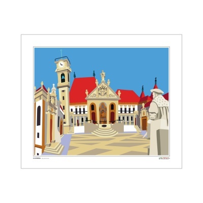 Ilustração digital de praça histórica com torre de relógio e estátuas