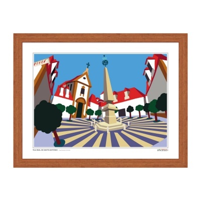 Quadro artístico de praça com obelisco e capela em Vila Real de Santo António