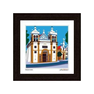 Ilustração da fachada de edifício religioso branco e amarelo com duas torres e moldura preta