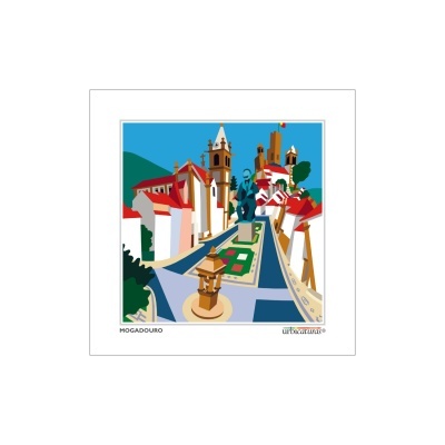 Ilustração colorida de praça em Mogadouro com estátua central