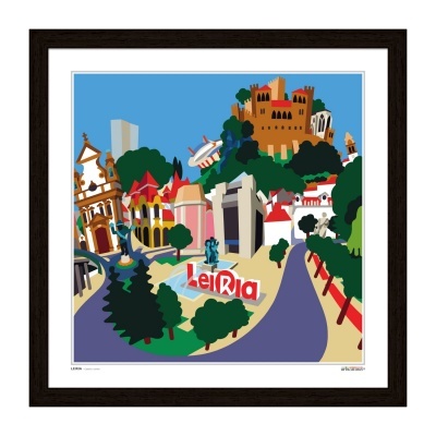 Ilustração colorida da cidade de Leiria com vários edifícios e castelo