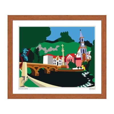Quadro ilustrativo de paisagem com ponte, casas coloridas e igreja