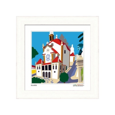 Ilustração de edifício com paredes brancas e telhados vermelhos numa moldura branca