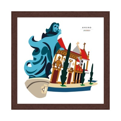 Ilustração digital colorida de monumentos de Aveiro com escultura azul e texto 'AVEIRO'