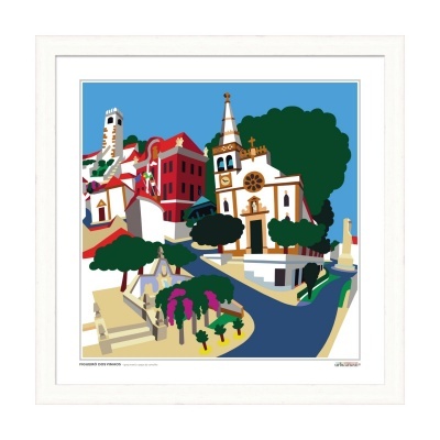 Ilustração colorida de paisagem urbana com igreja e árvores em moldura branca