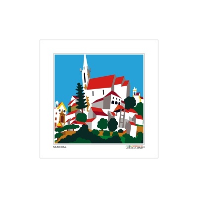 Ilustração de vila com casas brancas, telhados vermelhos e igreja com torre