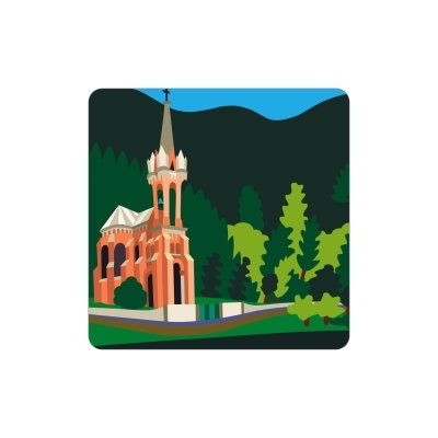 Ilustração de igreja gótica vermelha com torre e árvores verdes ao fundo