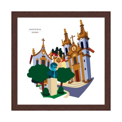 Ilustração colorida de edifícios históricos em moldura de madeira