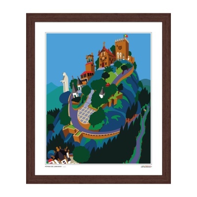 Ilustração colorida de local turístico com edifícios, árvores e caminho, emoldurada