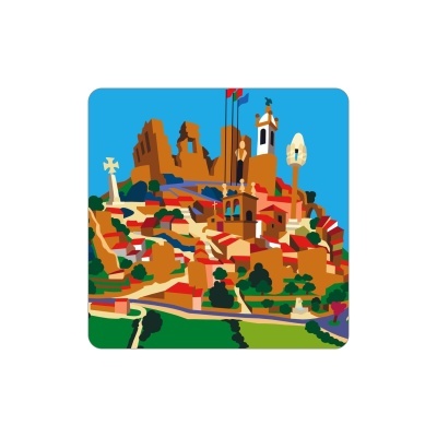 Ilustração colorida de uma paisagem urbana com castelo e casas