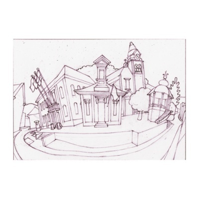 Desenho a lápis de edifícios antigos com torre e árvores numa rua