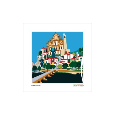 Ilustração digital colorida de cidade Mirandela com edifícios e árvores