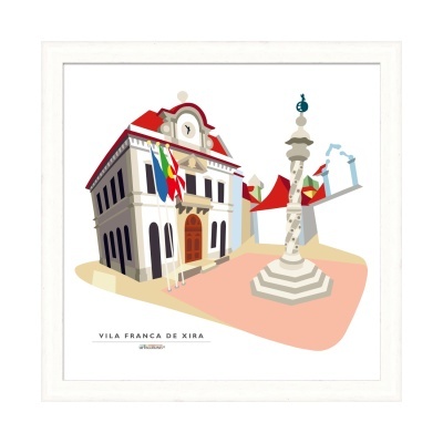 Ilustração de edifício histórico e coluna em praça de Vila Franca de Xira