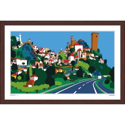 Ilustração gráfica colorida de paisagem com casas brancas, telhados vermelhos, árvores e estrada num quadro com moldura de madeira.