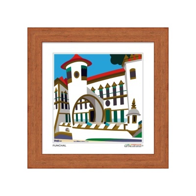 Ilustração digital colorida de edifício histórico em Funchal com moldura de madeira.