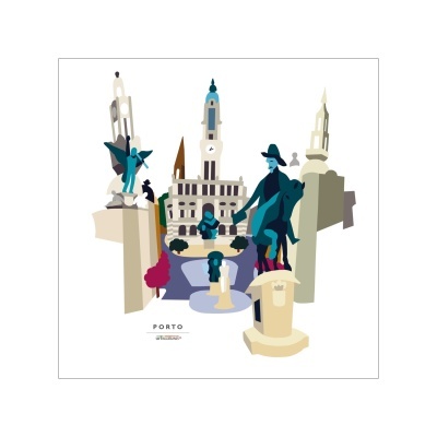 Ilustração estilizada dos monumentos da cidade do Porto com texto 'PORTO'.
