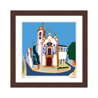 Ilustração digital de igreja barroca com moldura de madeira castanha