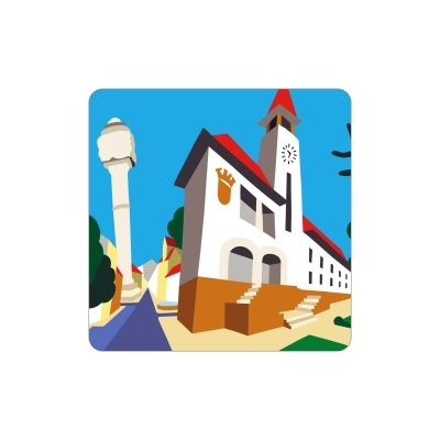 Ilustração de edifício branco com torre e relógio, escadas e coluna ao lado