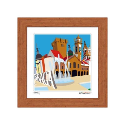 Quadro com imagem colorida de edifícios e fonte em Braga