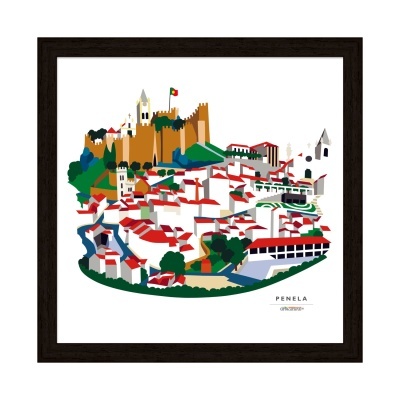 Ilustração da vila de Penela com castelo, casas e bandeira portuguesa