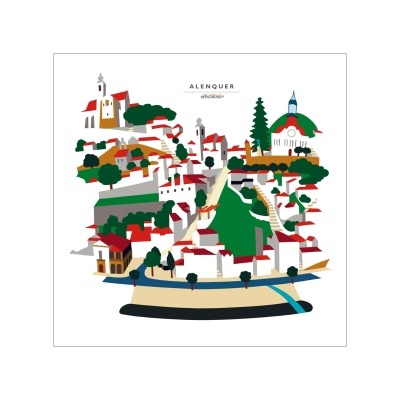 Ilustração colorida da paisagem urbana de Alenquer