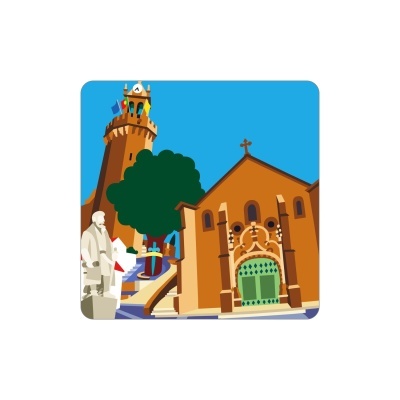 Ilustração colorida de igreja castanha com porta verde, torre com relógio, árvore e estátua branca.