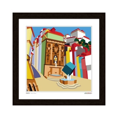 Imagem digital estilizada de edifício histórico com fontes e elementos coloridos, emoldurada