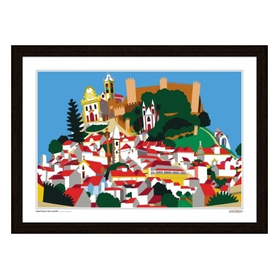 Ilustração colorida de cidade com castelo e casas de telhado vermelho