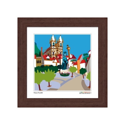 Ilustração colorida da vila de Vila Flor em quadro com moldura de madeira castanha