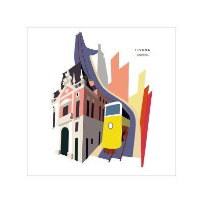 Ilustração de elétrico amarelo em Lisboa com edifício tradicional