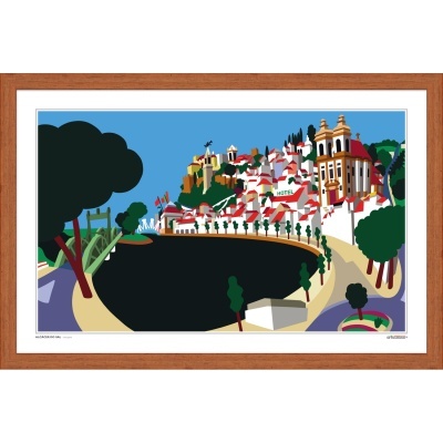 Ilustração colorida de paisagem urbana com casas, árvores, rio e hotel, emoldurada em madeira